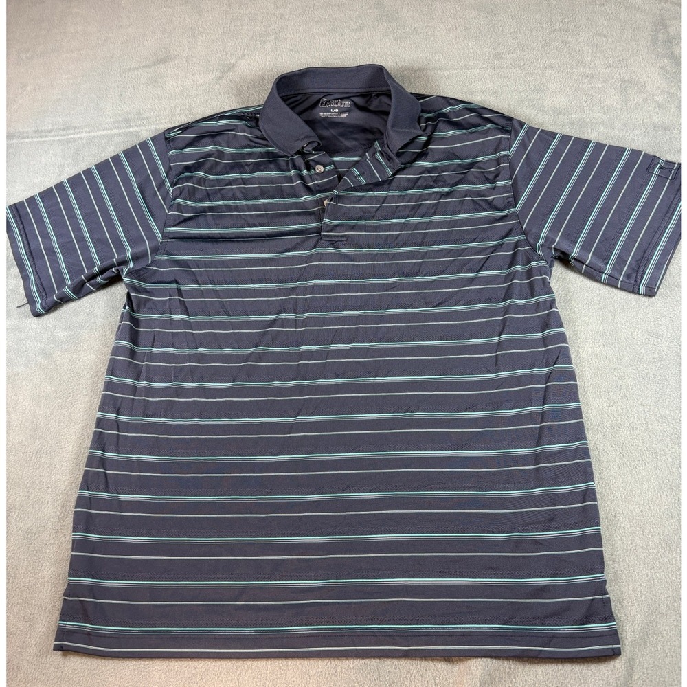 PGA Tour Mens Large Navy Blue Teal Striped Short Sleeve Golf Polo Shirt Mesh L